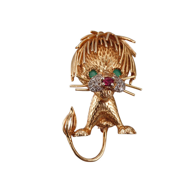 18k Gold Diamond Emerald and Ruby Brooch