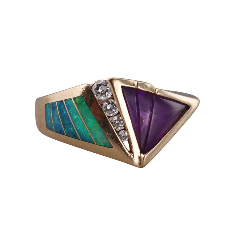 14k Gold Opal Amethyst and Diamond Ring