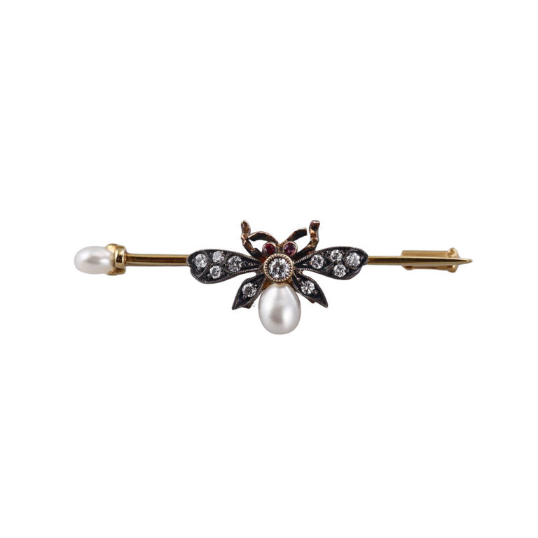 Gold and Silver Diamond Ruby Pearl Brooch