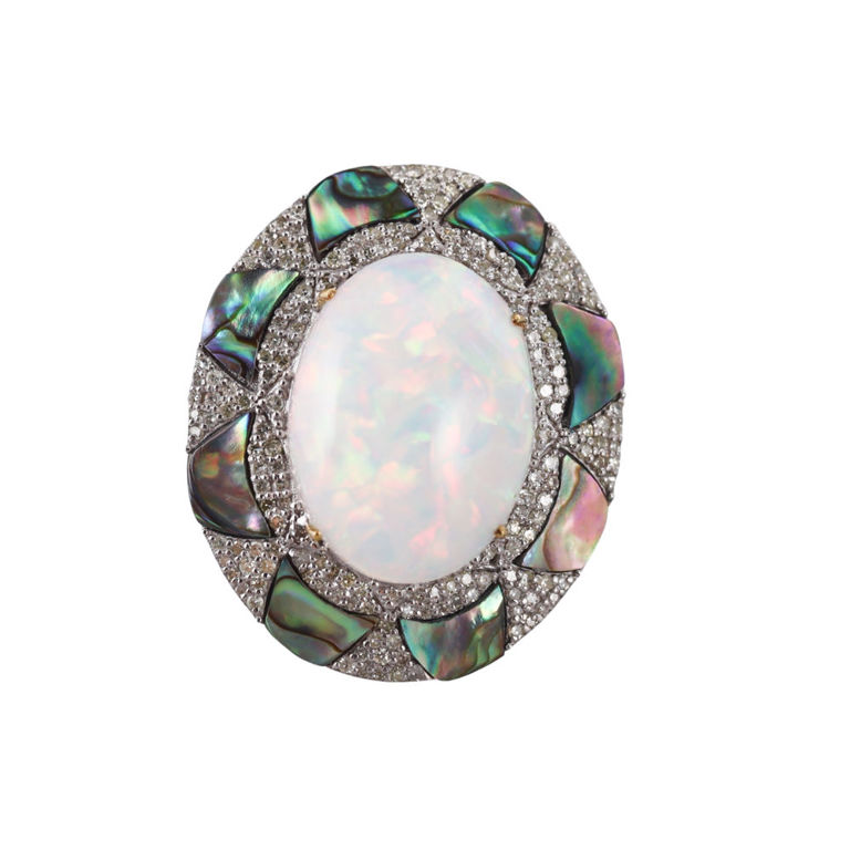 14k Gold Silver Opal Diamond Ring
