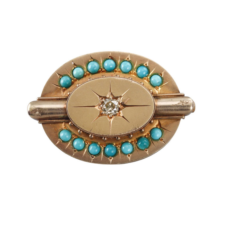 14k Gold Diamond and Turquoise Brooch
