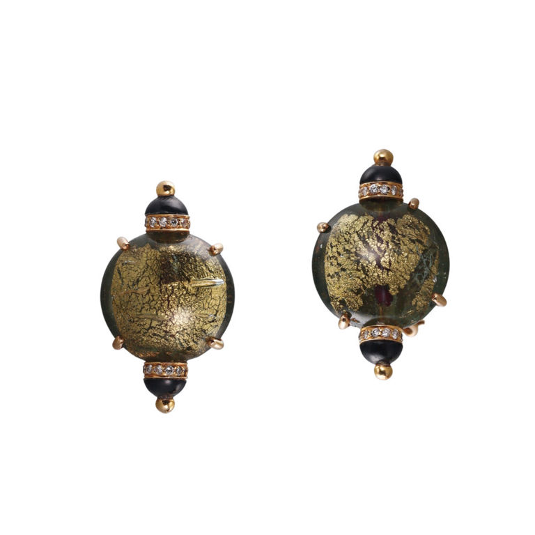18k Yellow Gold Diamond and Onyx Earrings