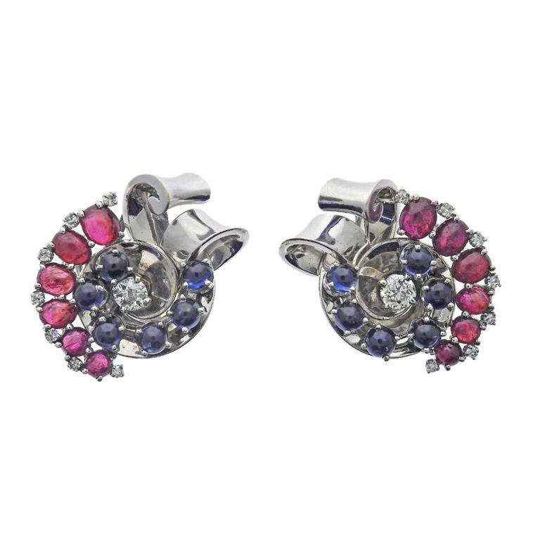 14k Gold Diamond Ruby Sapphire Earrings
