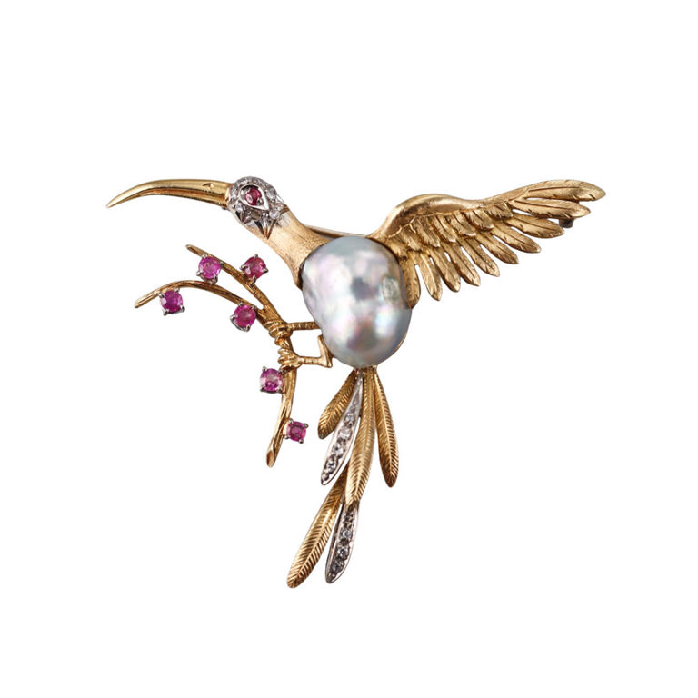18k Gold Diamond Pearl Ruby Brooch