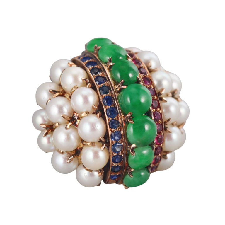 14k Yellow Gold Sapphire Ruby Pearl and Jade Ring