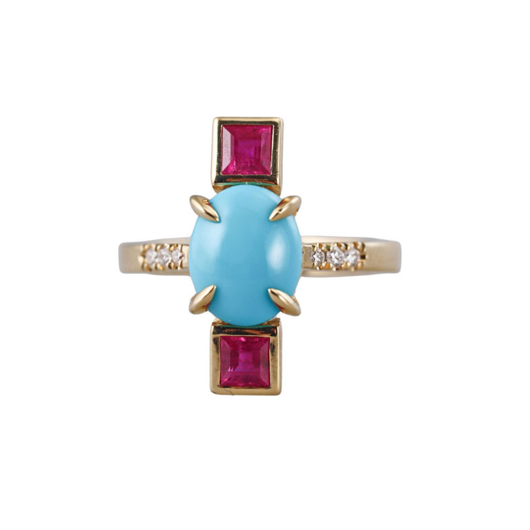 18k Gold Diamond Ruby Turquoise Ring