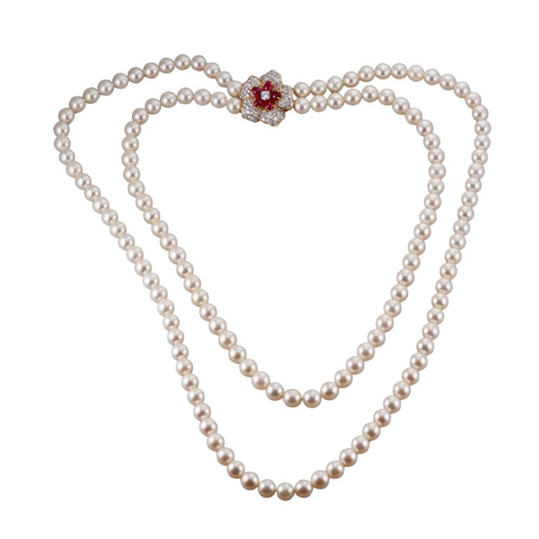 18k Gold Diamond Ruby and Pearl Necklace