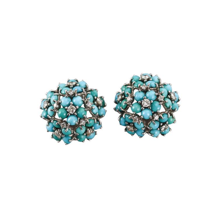 14k Gold Diamond Turquoise Earrings