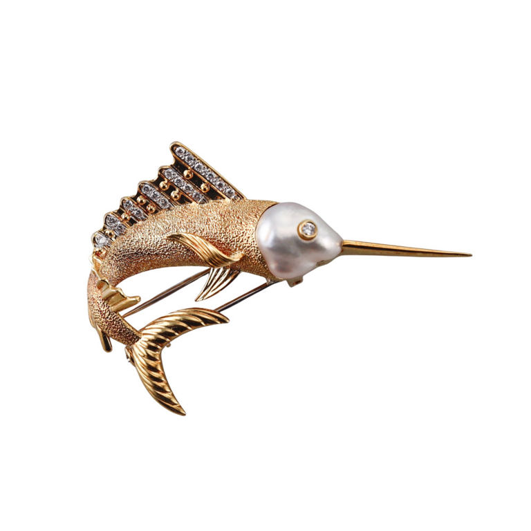 18k Gold Pearl and Diamond Brooch
