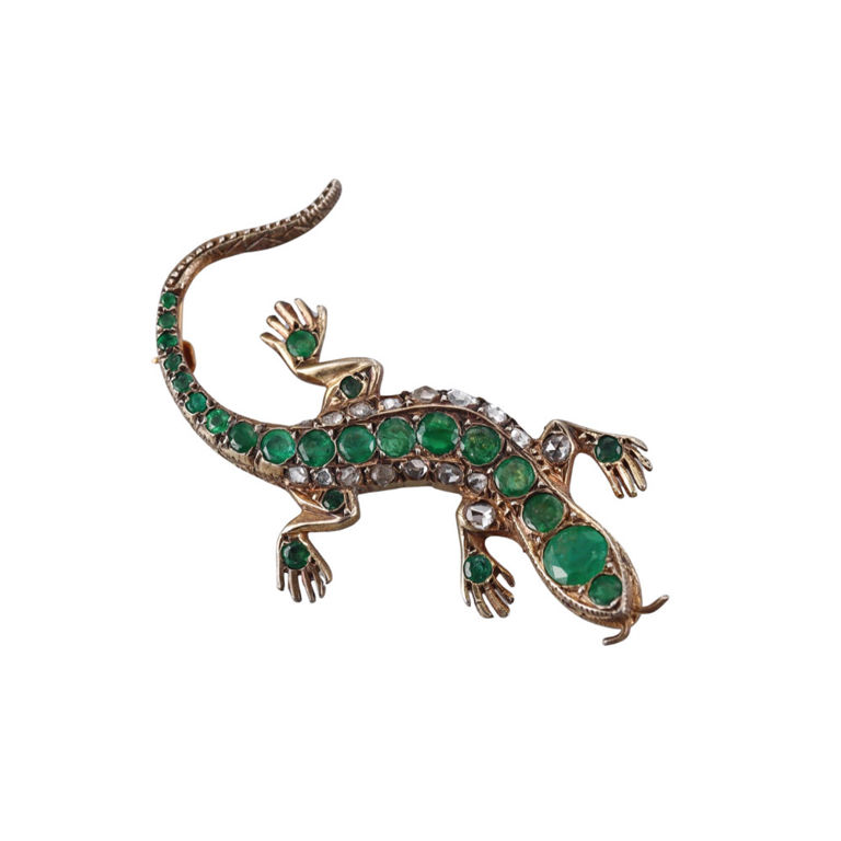 Gold Silver Diamond and Emerald Brooch