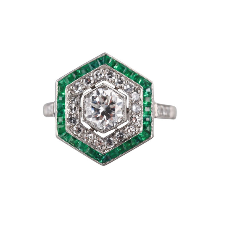 Platinum Diamond and Emerald Ring