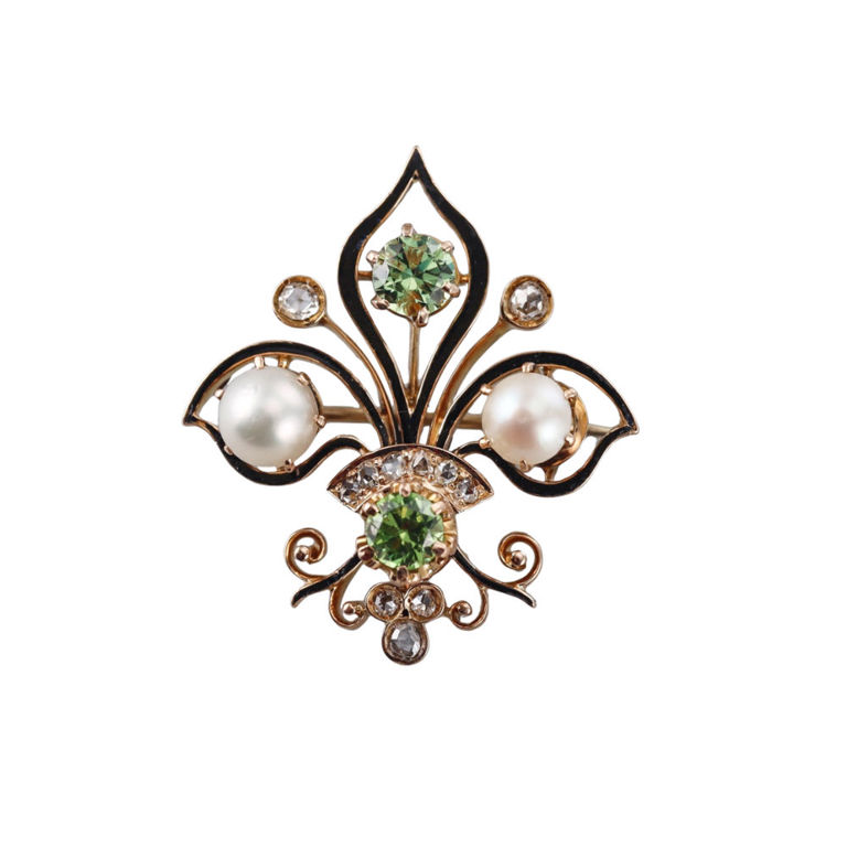 18k Gold Garnet Diamond Pearl Brooch