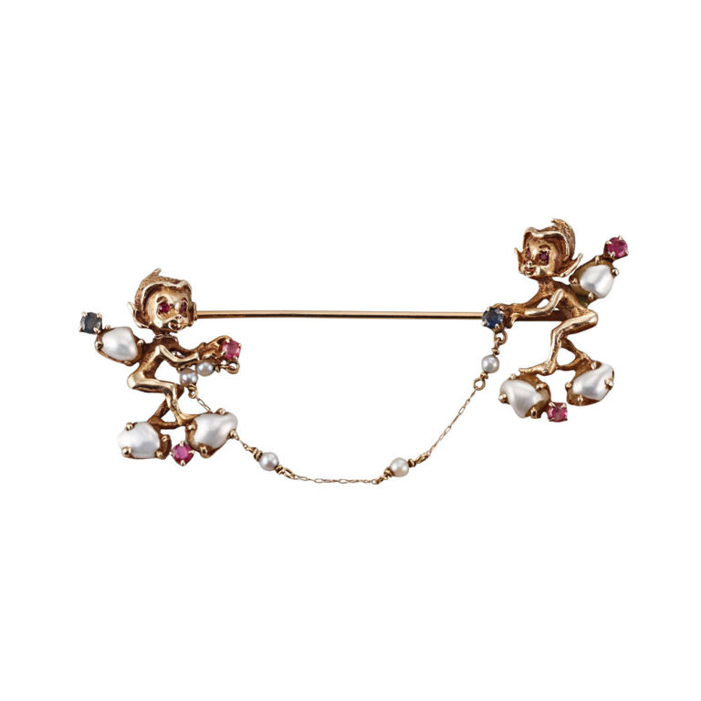 14k Gold Pearl Sapphire Brooch