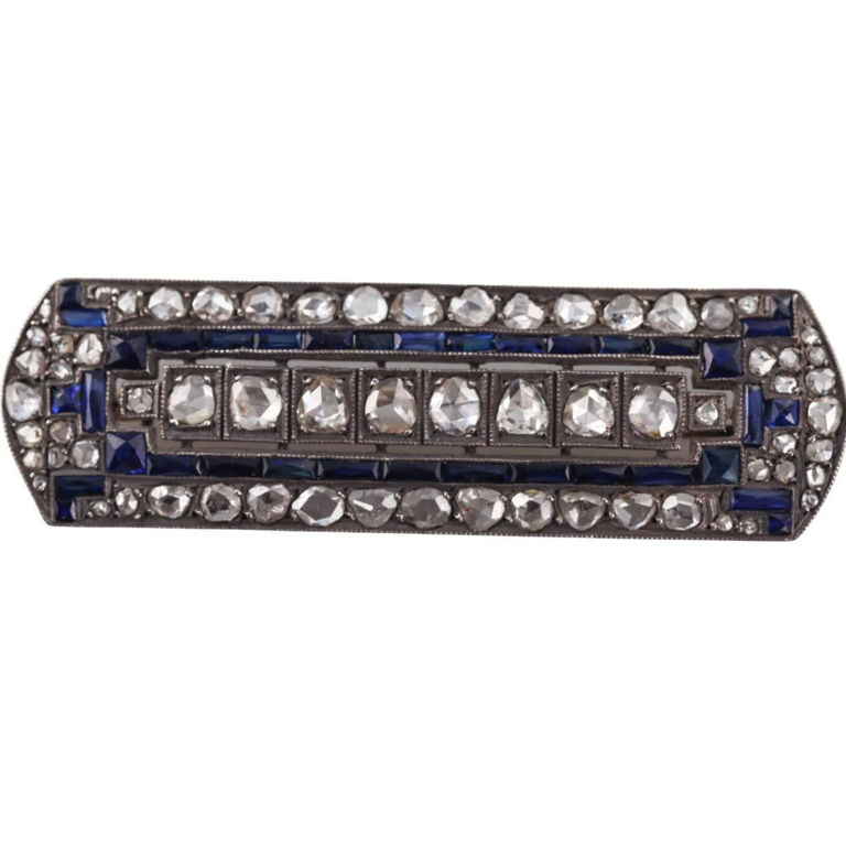 Gold Silver Diamond and Sapphire Brooch