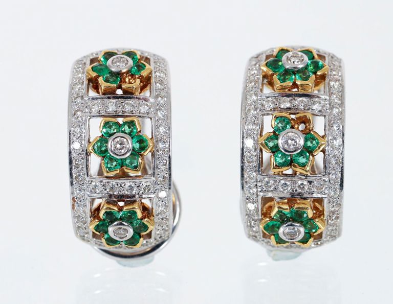 18k Two-Tone Gold Emerald and Diamond Earrings