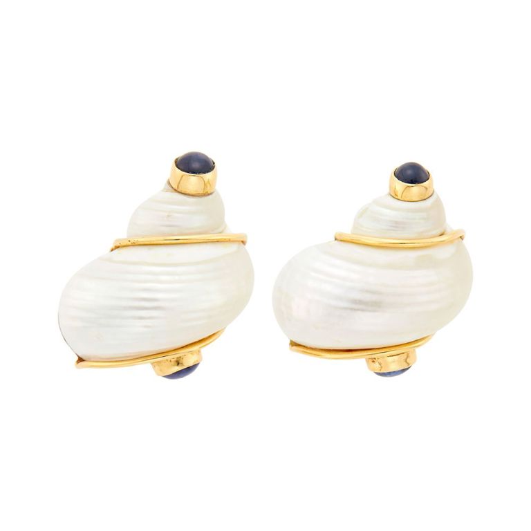 14k Yellow Gold Shell and Sapphire Earrings