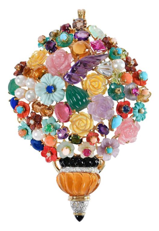 18k Yellow Gold Gemstone Brooch