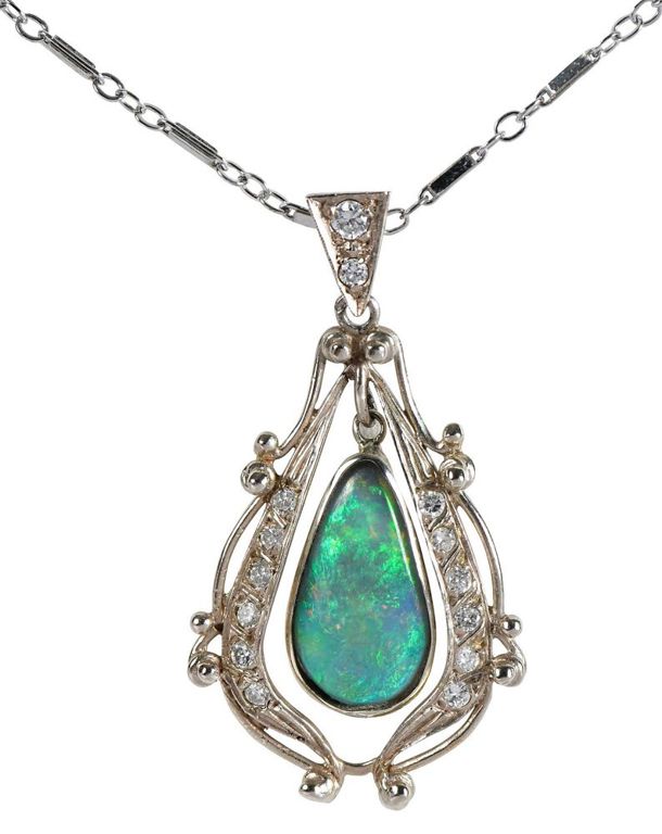14k White Gold Opal and Diamond Pendant Necklace