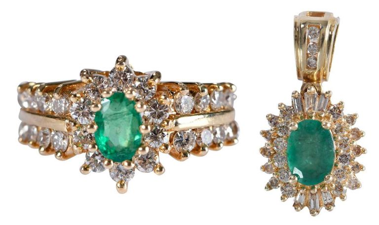 14k Yellow Gold Emerald and Diamond Jewelry Set