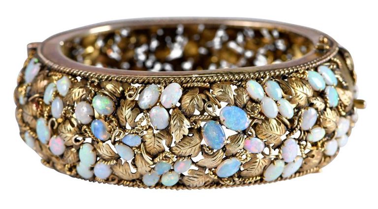 14k Yellow Gold Opal Bangle Bracelet