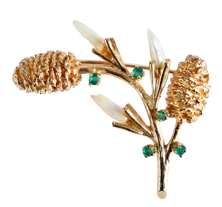 14k Yellow Gold Emerald and Pearl Brooch