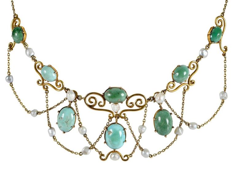 14k Yellow Gold Turquoise and Pearl Necklace