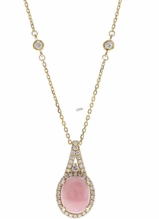 14k Yellow Gold Opal and Diamond Pendant Necklace