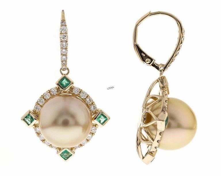 14k Gold Pearl, Emerald and Diamond Earrings