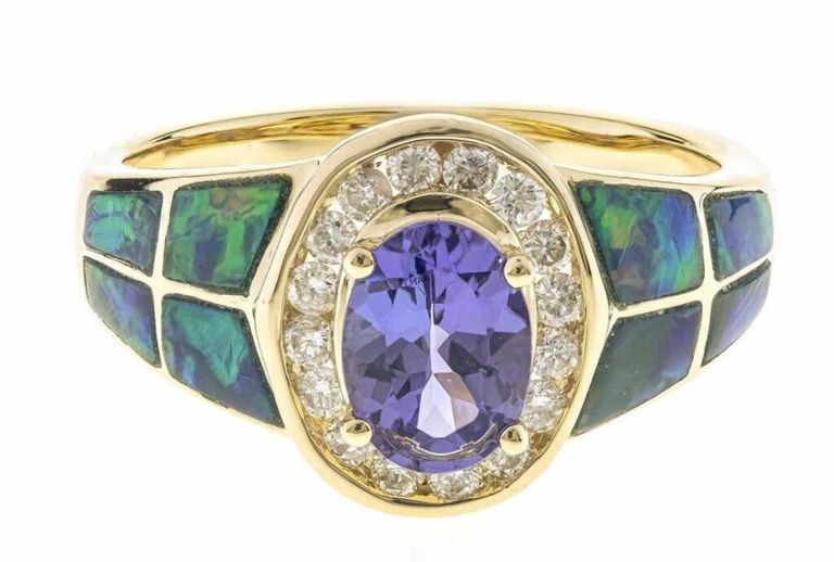 14k Yellow Gold Tanzanite, Lapis and Diamond Ring