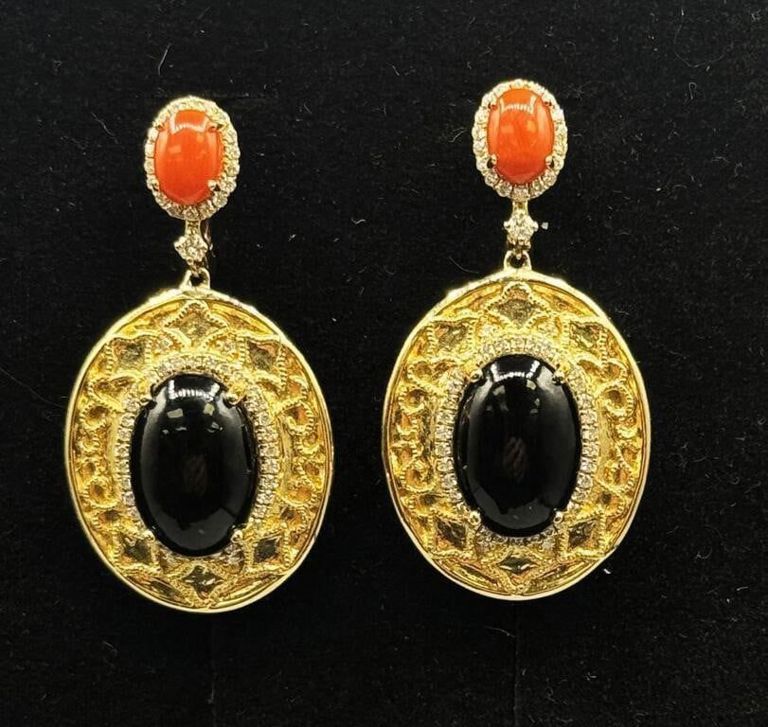 14k Yellow Gold Coral and Diamond Earrings
