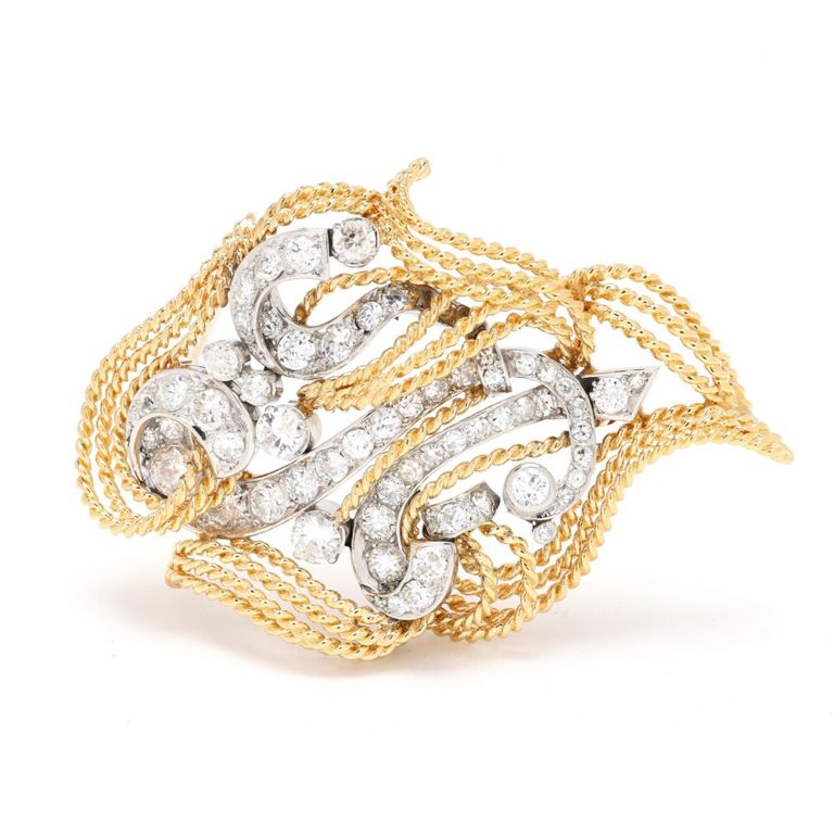 18k Gold and Platinum Diamond Brooch