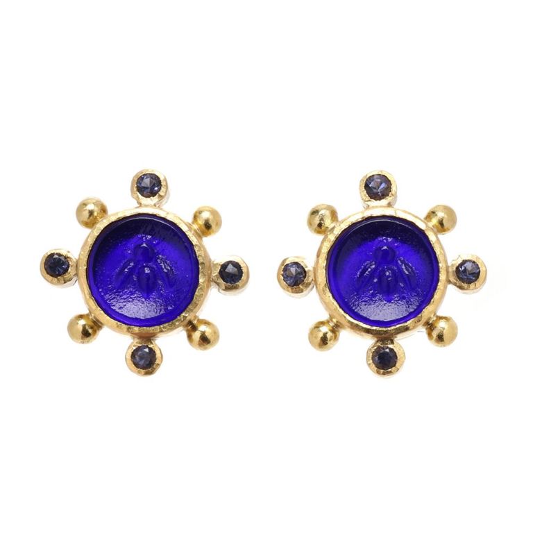 18k Gold Glass and Tanzanite Earrings