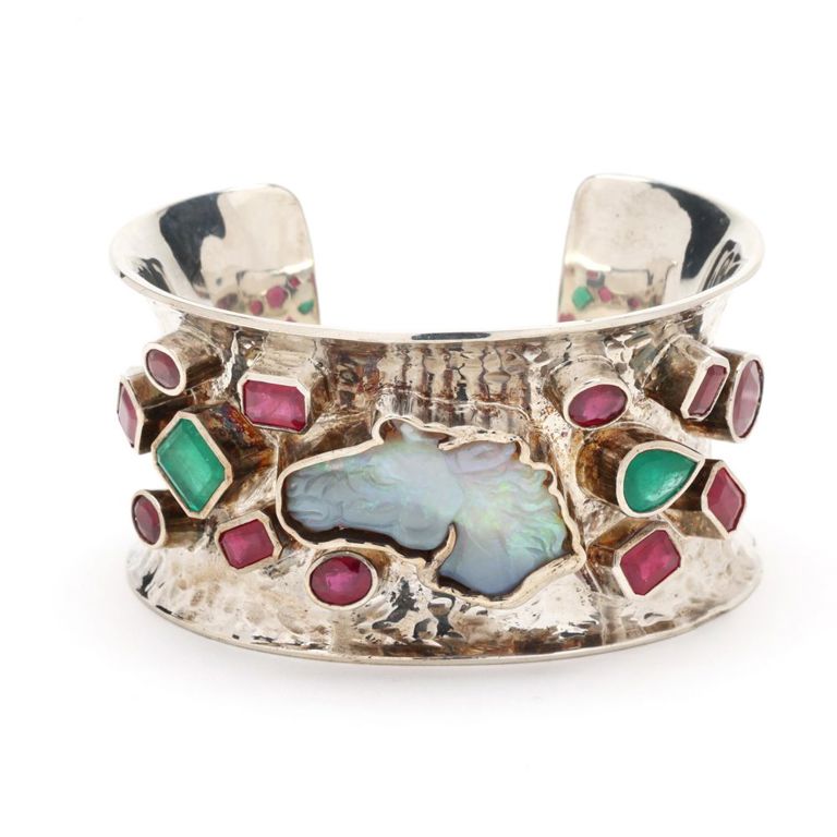Sterling Silver Ruby and Emerald Cuff Bracelet