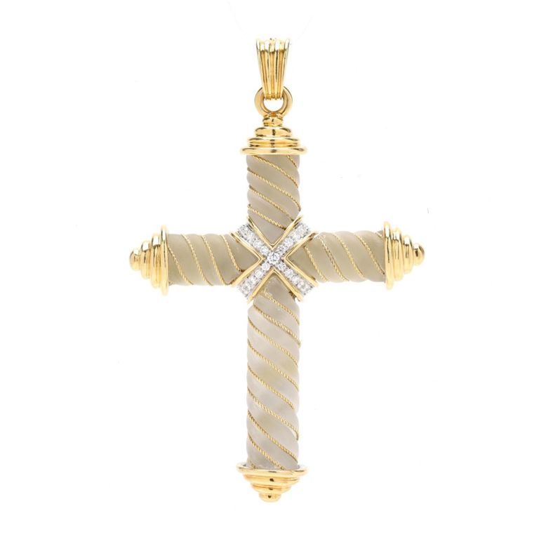 18k Gold Quartz and Diamond Cross Pendant
