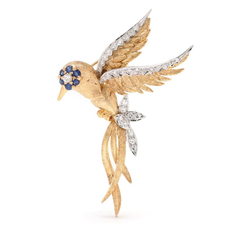 14k Gold Diamond and Sapphire Brooch