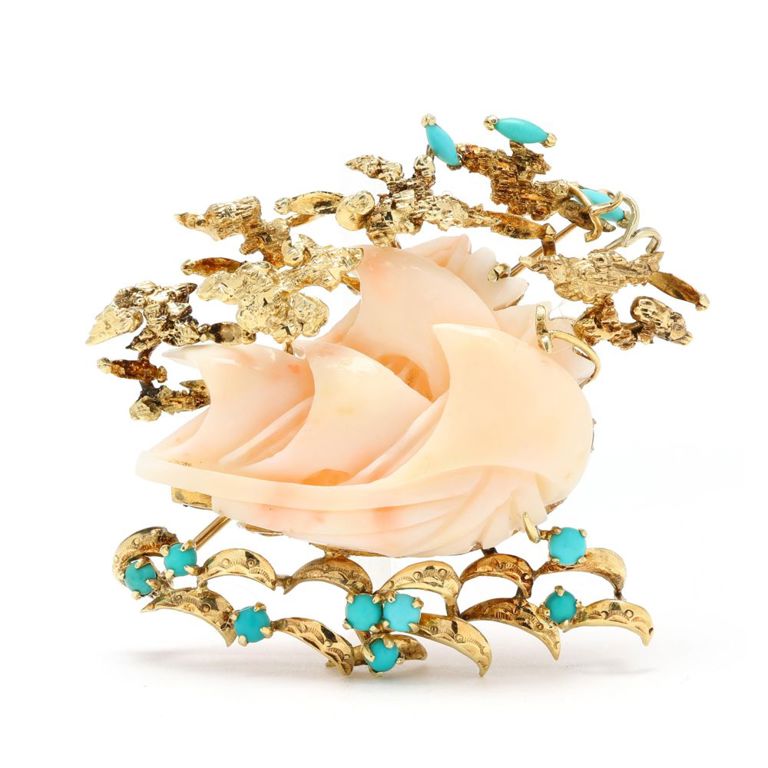 14k Gold Coral and Turquoise Brooch