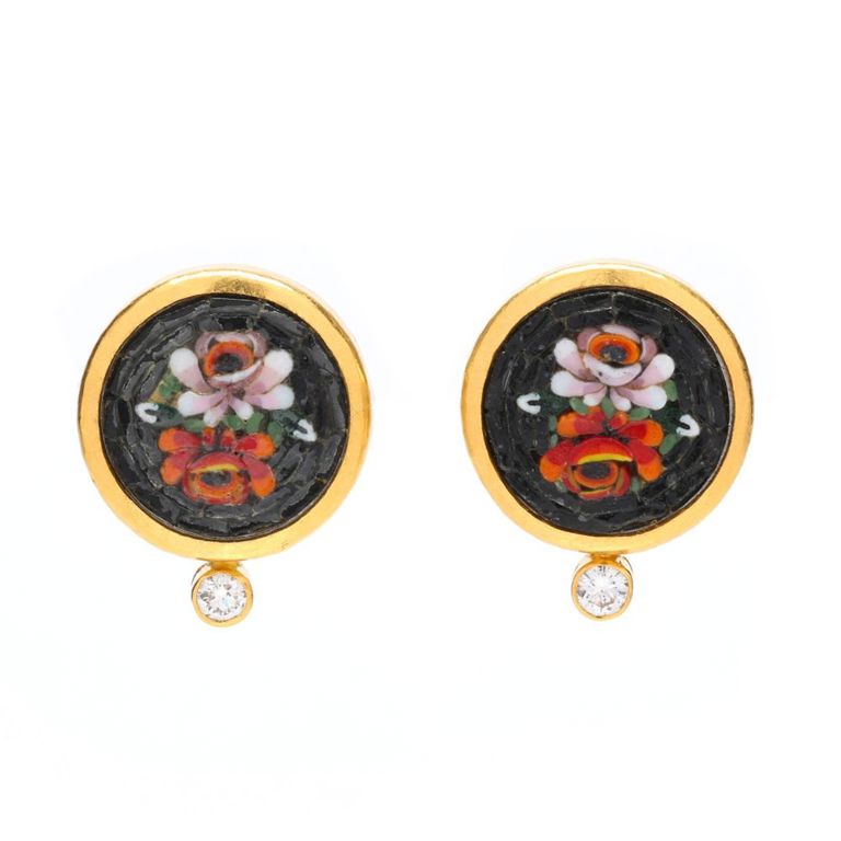 24k Gold Micromosaic and Diamond Earrings