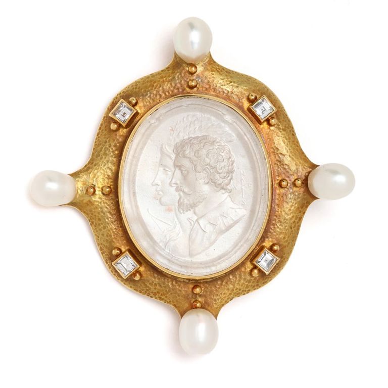 18k Gold Pearl and Diamond Cameo Brooch