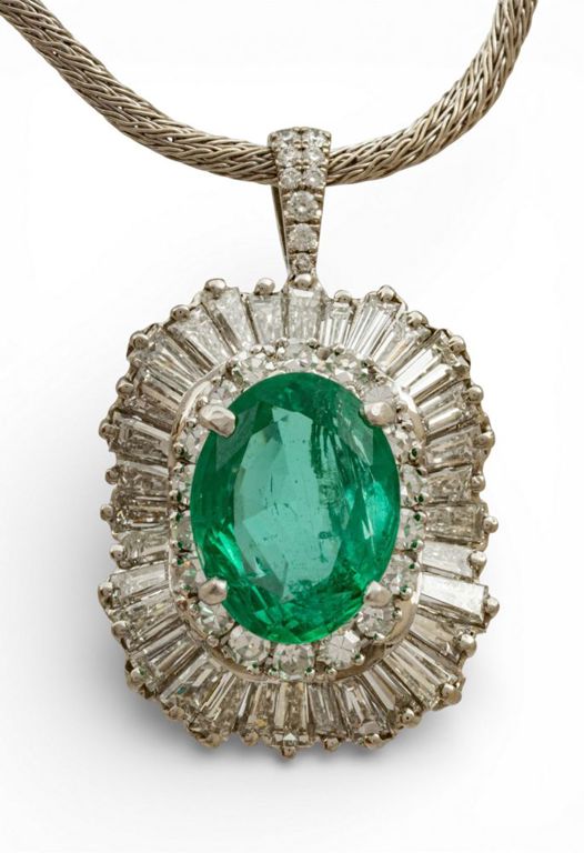 Platinum Emerald and Diamond Pendant Necklace