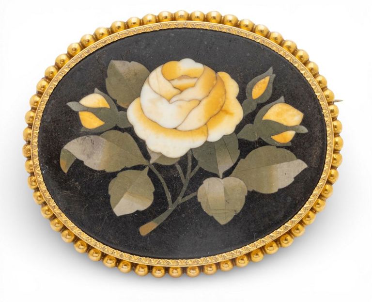 Gold Plated Pietra Dura Brooch