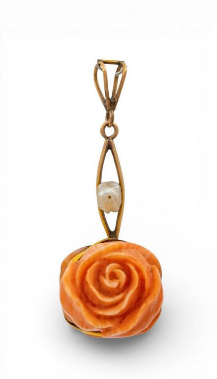14k Gold Coral and Pearl Pendant