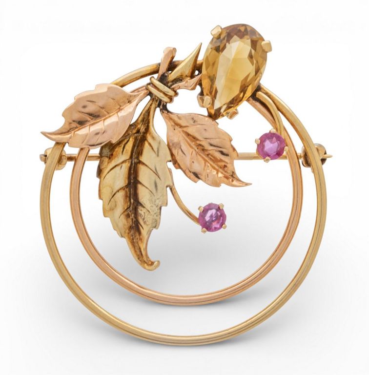 14k Gold Ruby and Citrine Brooch