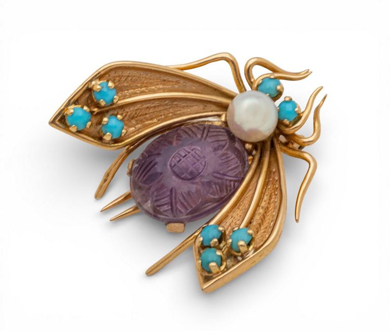 Gold Amethyst, Pearl and Turquoise Brooch