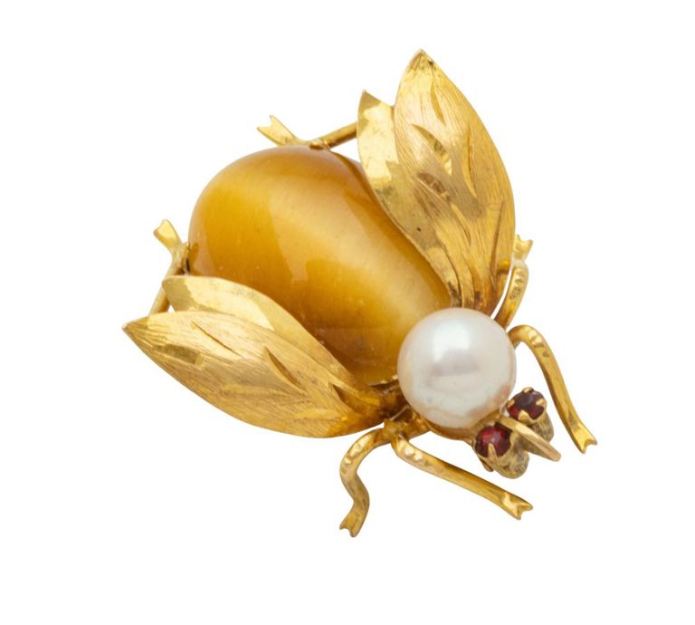 14k Gold Pearl, Agate and Ruby Brooch