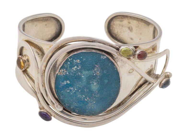 Sterling Silver Roman Glass Cuff Bracelet