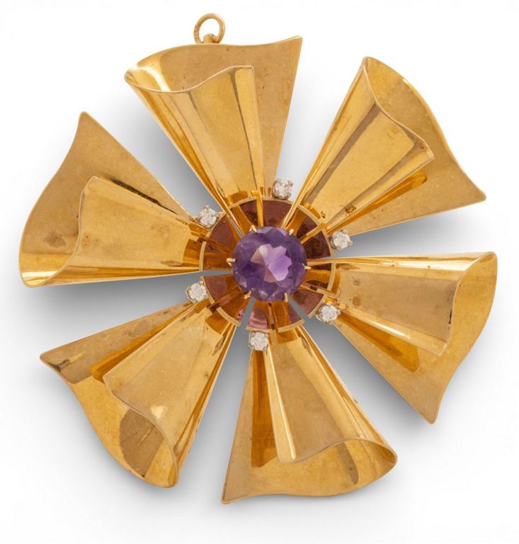 14k Gold Amethyst and Diamond Brooch
