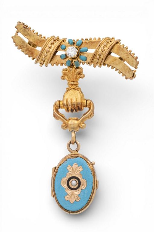 Gold Diamond and Turquoise Brooch