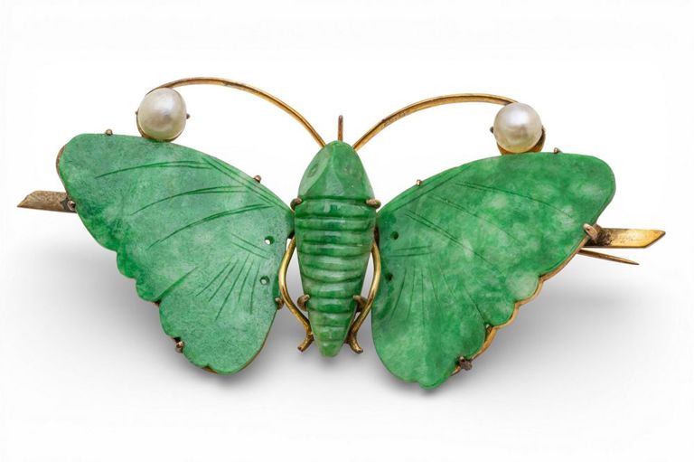14k Gold Jade and Pearl Brooch