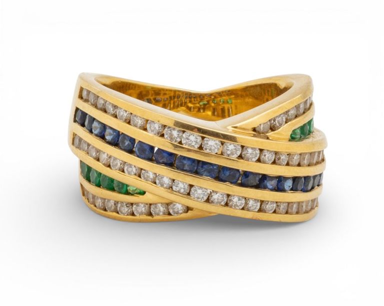 18k Gold Diamond Emerald and Sapphire Ring