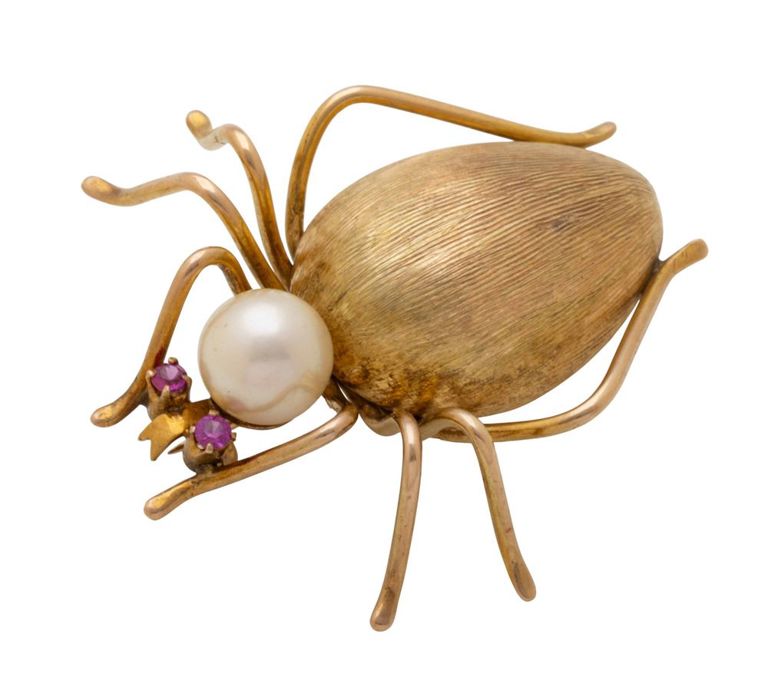 14k Gold Pearl and Ruby Brooch